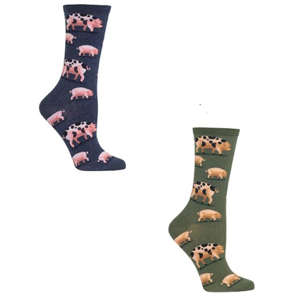 NEW Bundle 2 Pair of Fun Hot Sox Womens Spotted Pig Crew Socks NWT Olive Denim - Picture 1 of 9